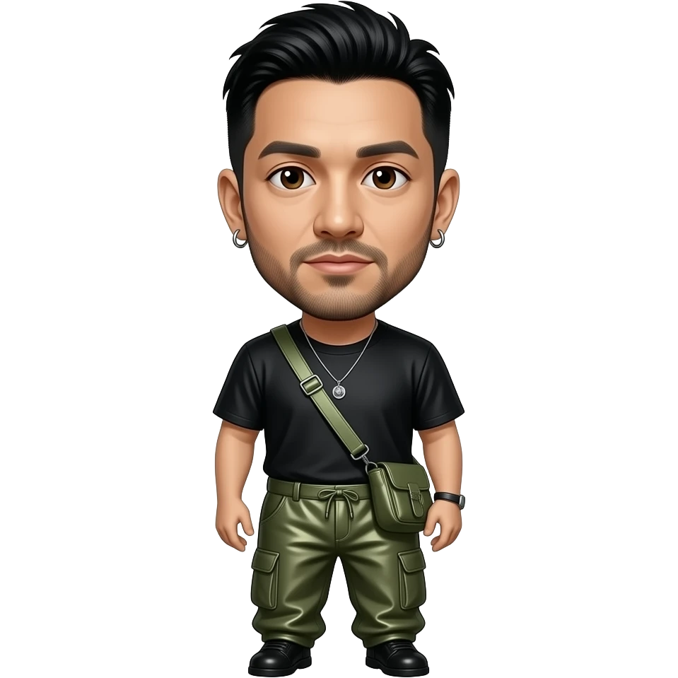 Mike Shinoda with brown eyes, black hair, black metallic T-shirt, olive green metallic baggy pants, necklace and earrings emoji