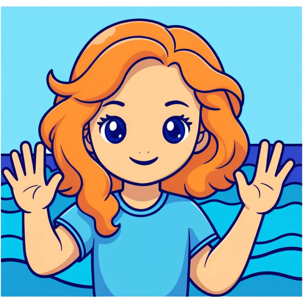 teen girl with wavy dirty blonde hair and ocean blue eyes waving emoji