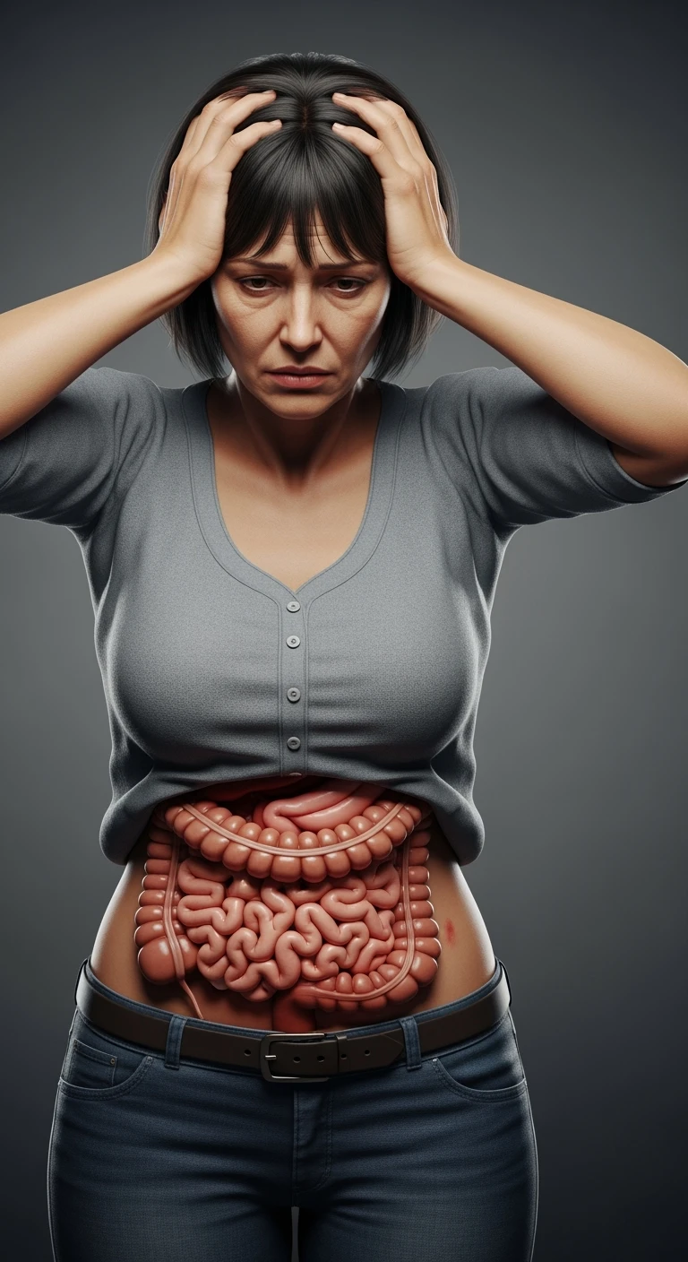 DONNA stanca con intestino realistico in evidenza che si tiene le mani sulla testa, iperrealistici 4k, non disegnati emoji