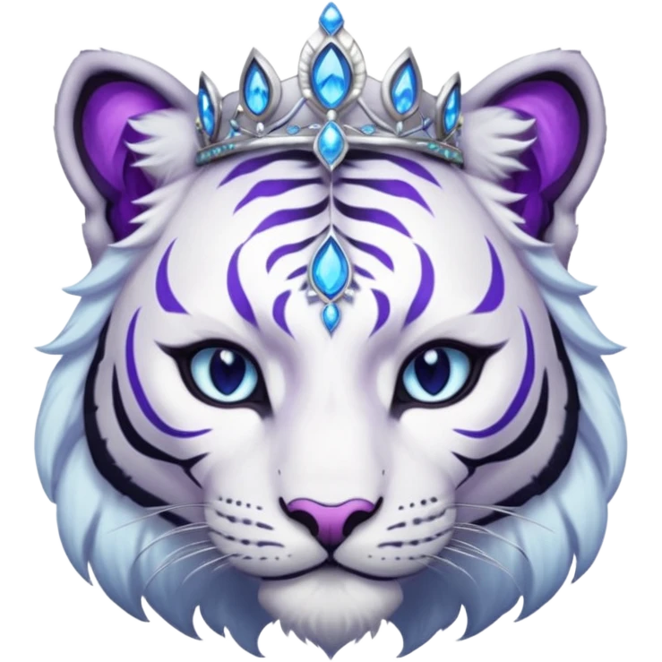 ESO Female white/black tiger khajiit leader of the umbral rose, glowing blue eyes, glowing blue 'third eye' gem; beautiful desined purple gemmed silver tiara emoji