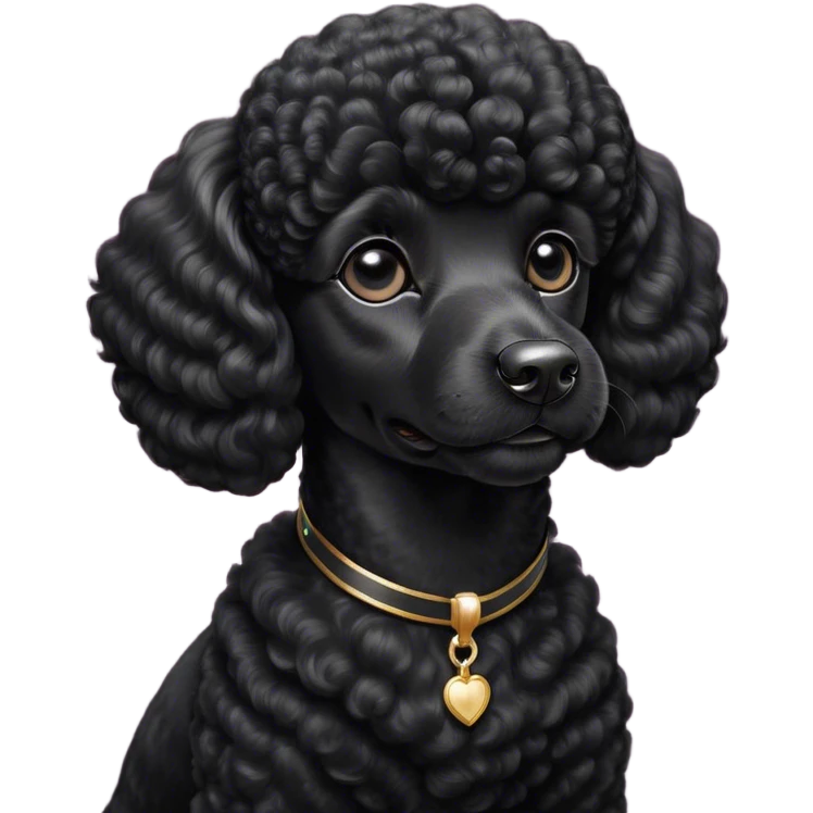 Cinematic Noble Black Poodle Portrait Emoji, Poised and regal, with a refined, elegant build and a meticulously groomed, curly jet-black Fur, deep-set soulful dark eyes, Simplified yet sharp and sophisticated features, highly detailed, glowing with a soft, dignified glow, high shine, intelligent and graceful, stylized with an air of sophistication, focused and attentive, soft glowing outline, capturing the essence of a watchful and confident companion, so majestic it feels as though it could prance out of the screen with effortless authority! emoji