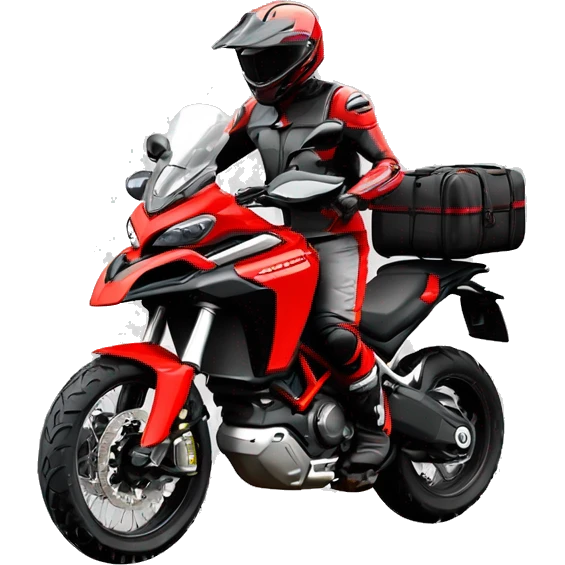 Moto todoterreno Ducati multistrada enduro roja y negra con bolsas laterales y manchas de barro en el depósito y las ruedas. Piloto con casco gris sin barba. emoji