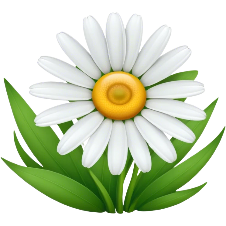 A delicate white daisy with a bright yellow center, standing gracefully in a green meadow. Its petals are fresh and slightly curved, gently swaying in the breeze under the warm sunlight, creating a serene and peaceful atmosphere emoji
