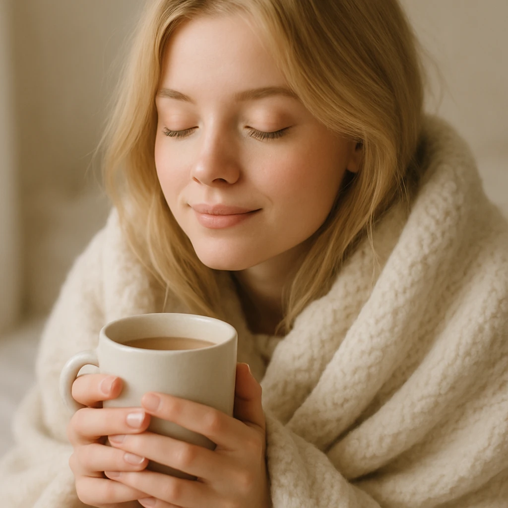 blonde girl wrapped in a blanket, holding a coffee mug, eyes gently closed, peaceful vibe, soft and cozy style emoji