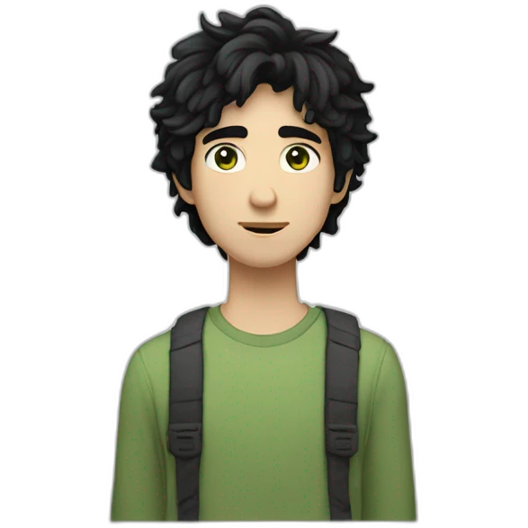 A 24 year old white male with jet black hair that is short and shaggy, light greenish eyes, square face with a mildly feminine vibe emoji