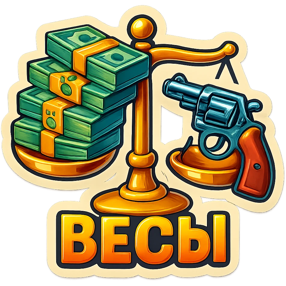 Весы, на одно чаше куча пачек долларов, на другой револьвер emoji