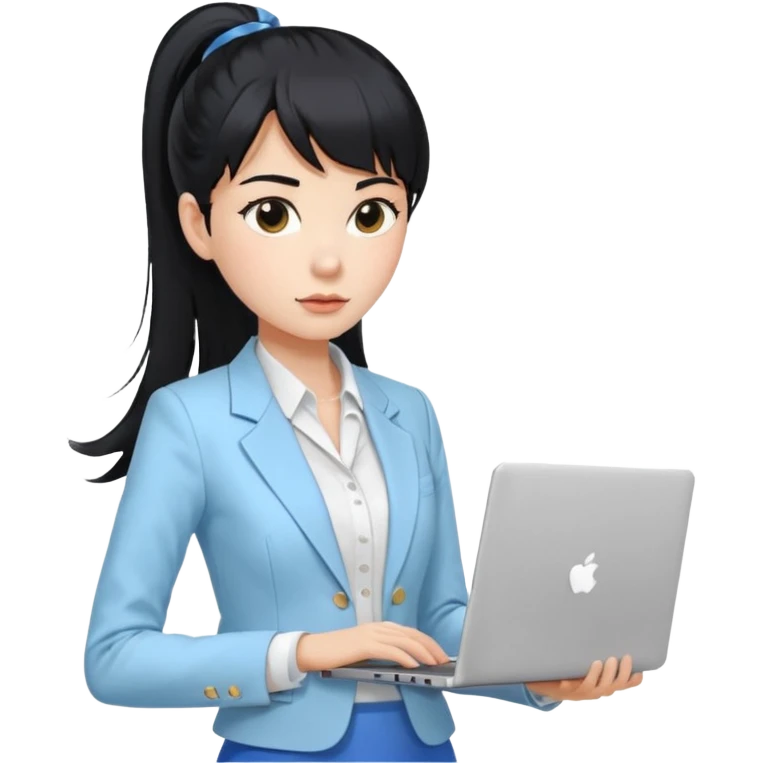 Januari – Cewe Ambisius Kulit putih cerah, rambut hitam panjang diikat ponytail tinggi rapi, poni tipis. Pakai blazer putih terang + inner biru muda, rok atau celana bahan putih. Lagi pegang laptop , ekspresi fokus dan tegas. emoji
