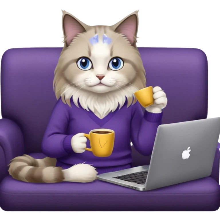 a cute blue eyed brown and white ragdoll cat with white paws and brown and beige tail wearing the dark violet sweater with yellow letteting "Milena" sitting on a grey sofa with grey laptop branded lettering "Lenovo", it` not brand Apple - only Lenovo and drinking coffee emoji