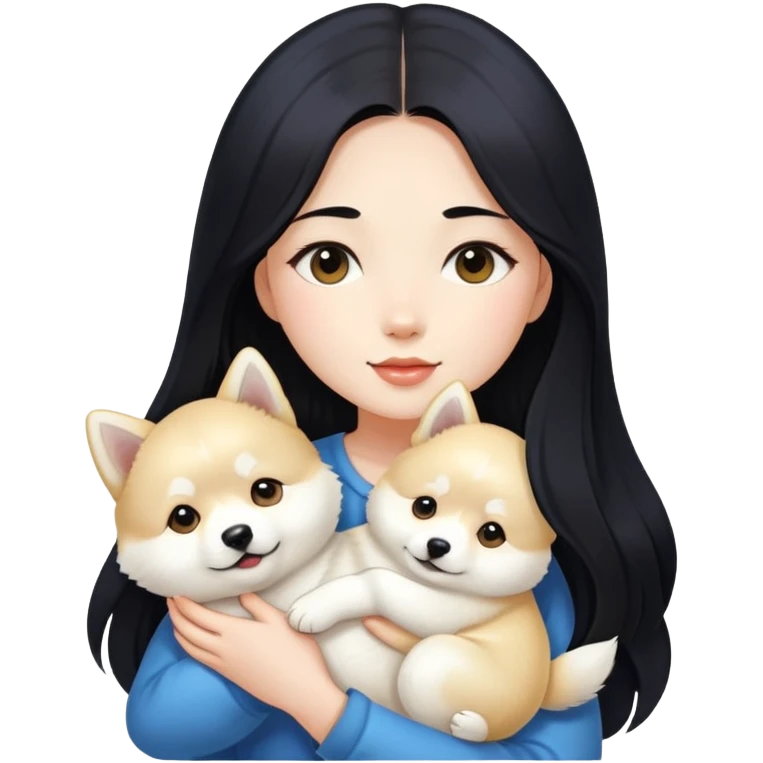 A beautiful girl with long black hair is holding a long-haired white Shiba Inu puppy emoji