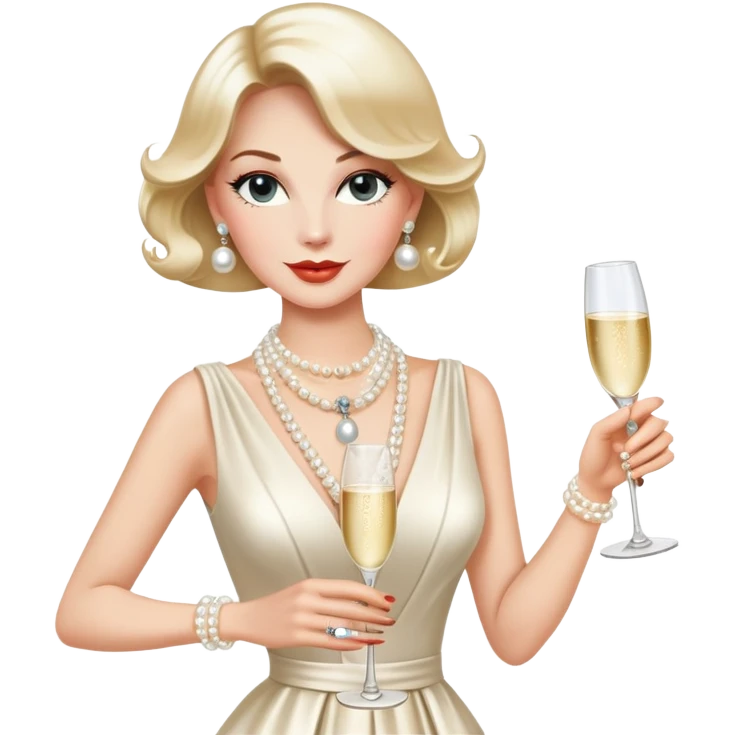 Elegant Western socialite with designer clothes, pearl necklace, champagne glass, luxury lifestyle emoji