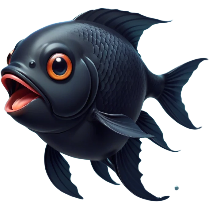 Cinematic Cute Yawning Black Goldfish Portrait Emoji, Head tilted slightly with a dramatic, wide-open yawn, showcasing a smooth, deep black body with elegant, flowing fins, eyes barely open in drowsy contentment, Simplified yet irresistibly adorable features, highly detailed, glowing with a soft, cozy glow, high shine, relaxed yet expressive, stylized with a touch of whimsy, bright and endearing, soft glowing outline, capturing the essence of a sleepy yet affectionate goldfish, so drowsy it feels like it could float out of the screen and curl up for a nap! emoji