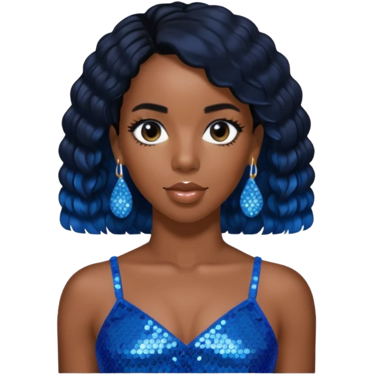 Kelly Rowland with black hair, blue sequin crop top, blue earring emoji