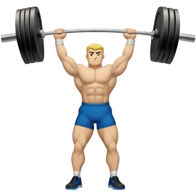 Emblem symbolizing weightlifting, featuring a barbell with heavy weights on either side, lifted above a strong, determined figure. The design conveys strength, focus, and the precision required in the sport. The barbell is centered, with a dynamic, bold style to emphasize power and athleticism.  emoji