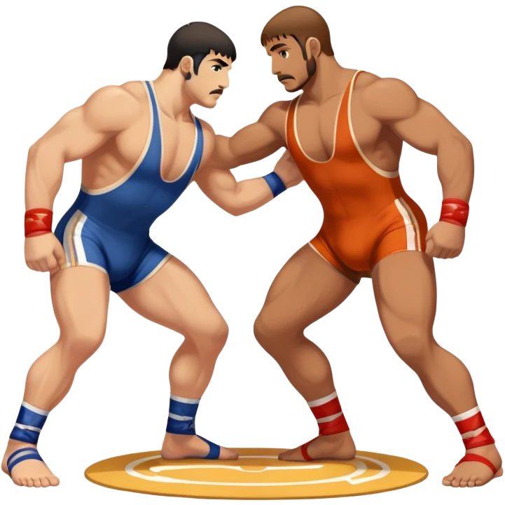 An icon symbolizing Greco-Roman wrestling, showing two wrestlers locked in a powerful grip, focusing on upper-body techniques. The background features a wrestling mat, with the athletes wearing traditional singlets. Transparent background highlights the strength and skill of the sport. emoji