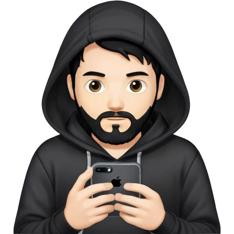 hackeur blanc cheveux noir barbe et capuche noir avec un iphone 16 pro emoji
