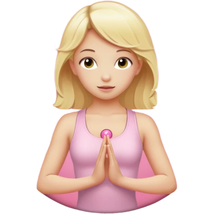 angelic blonde girl in light pink yoga outfit pushing "FUCK" pink button emoji