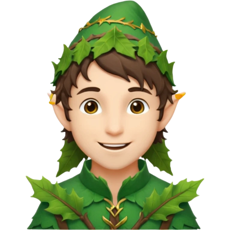 handsome elf with messy brunette hair wearing a leafy outfit and smile confidently emoji