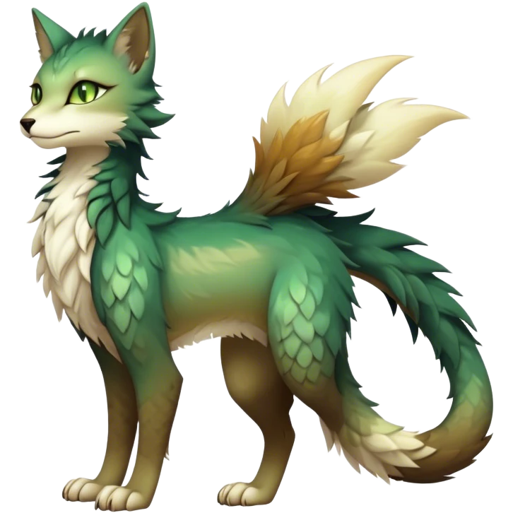 Kawaii dark edgy fantasy ethereal feline-vernid-sergal-fursona animal creature with a tufted tail full body, brown fur, with gradient beige-white intricate markings, hazel-gold-green eyes emoji