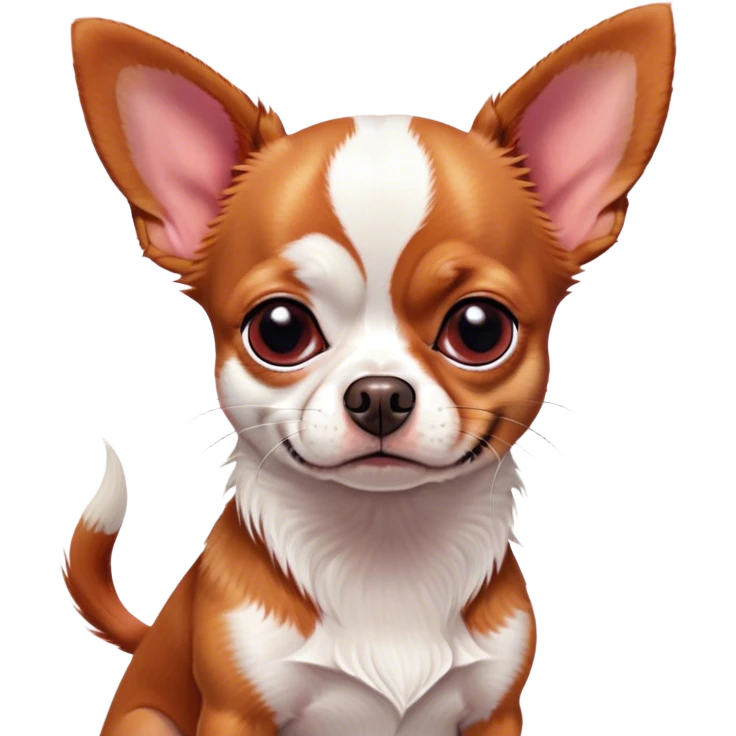 Cinematic Grumpy Red/White Short Haired Chihuahua Portrait Emoji, Head tilted slightly with a deeply unimpressed expression, thick red and white fur with bold patches, large, droopy dark eyes narrowed into an unamused glare, ears slightly drooping in exasperation, Simplified yet comically expressive features, highly detailed, glowing with a dry, sarcastic glow, high shine, effortlessly judgmental yet dignified, stylized with a touch of cynicism, bright but brooding, soft glowing outline, capturing the essence of an eternally unimpressed yet endearing pup, so lifelike it feels like it could sigh heavily at you in disdain at any moment! emoji