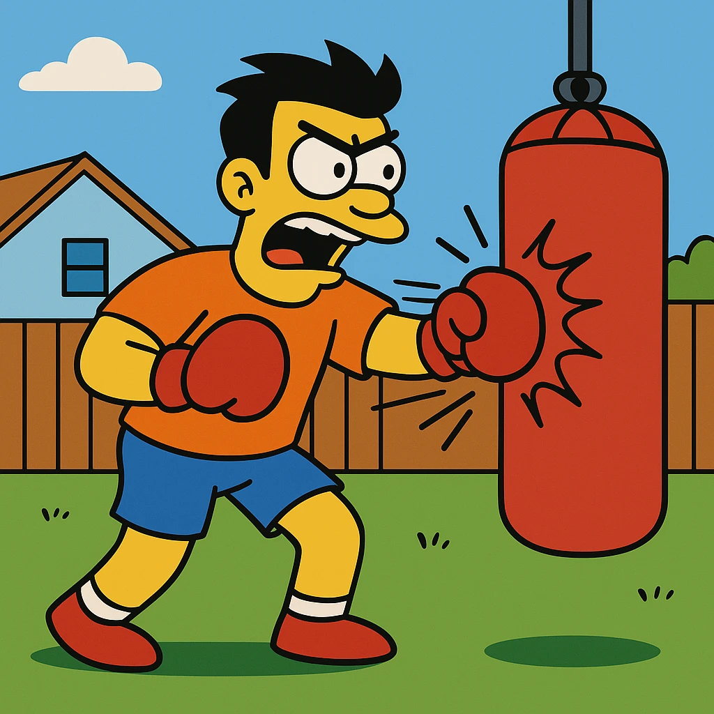 Hit a punching bag – to punch a padded bag for exercise or stress relief.
He went to the gym to hit a punching bag and blow off steam.
 emoji
