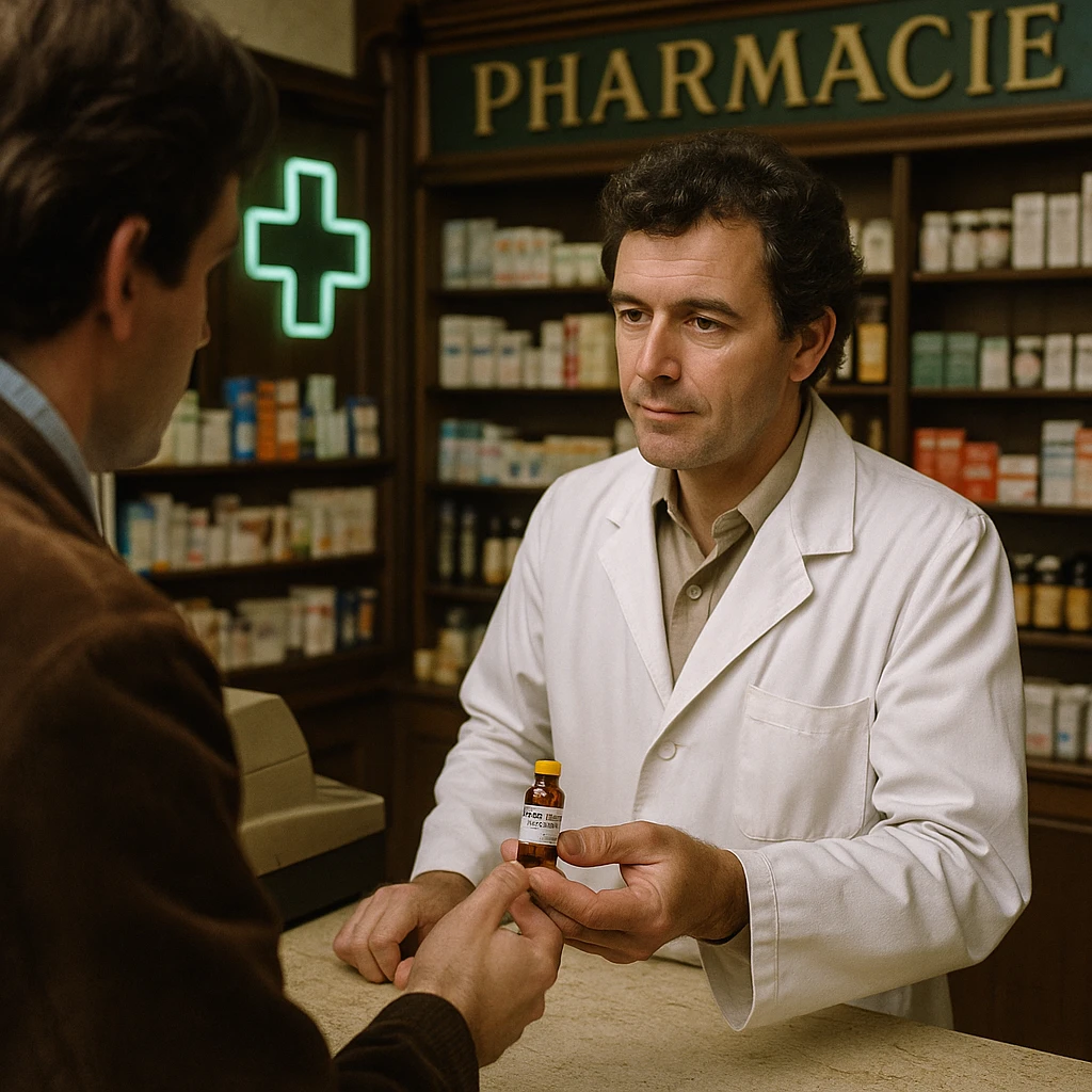 Realistic image of a pharmacist in France in 1980 delivering a vial of Trenbolone to a customer. The scene includes 1980s clothing and pharmacy interior decor with historical details. The perspective is a different angle, either a side view or a top-down view, capturing the pharmacy environment authentically. emoji
