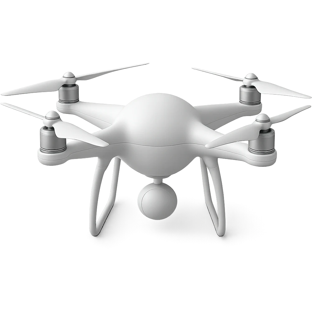 white DJI-style drone with a smooth ball-shaped central body, clean and modern, no logo emoji
