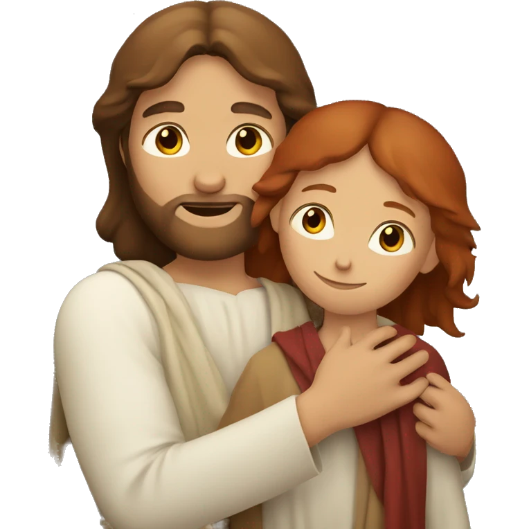 Jesus with brown hair hugging red hair child  emoji