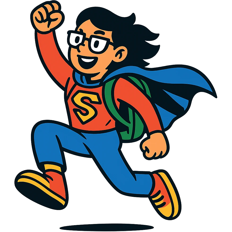 student in superhero costume, dynamic pose emoji