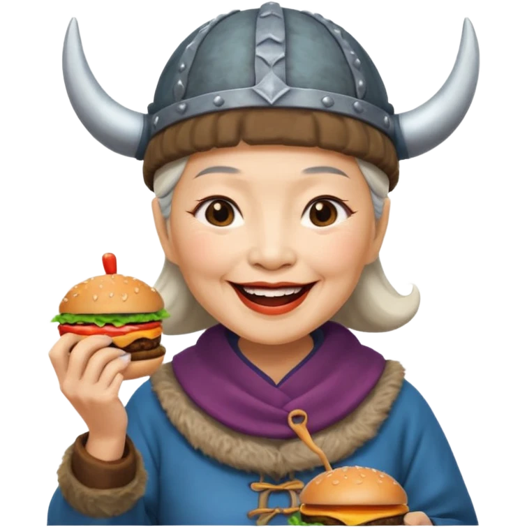 old asian woman viking eating burger emoji