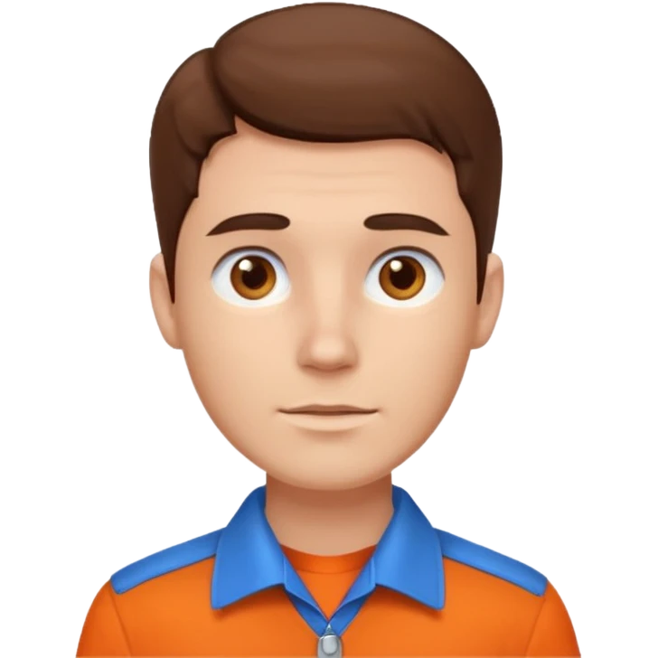 male, white skin, brown hair, brown eyes, orange shirt and blue collarbone, no wrinkles emoji