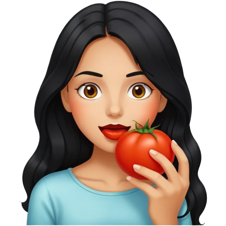 Pretty tanned girl with long black hair, eating tomatoes emoji