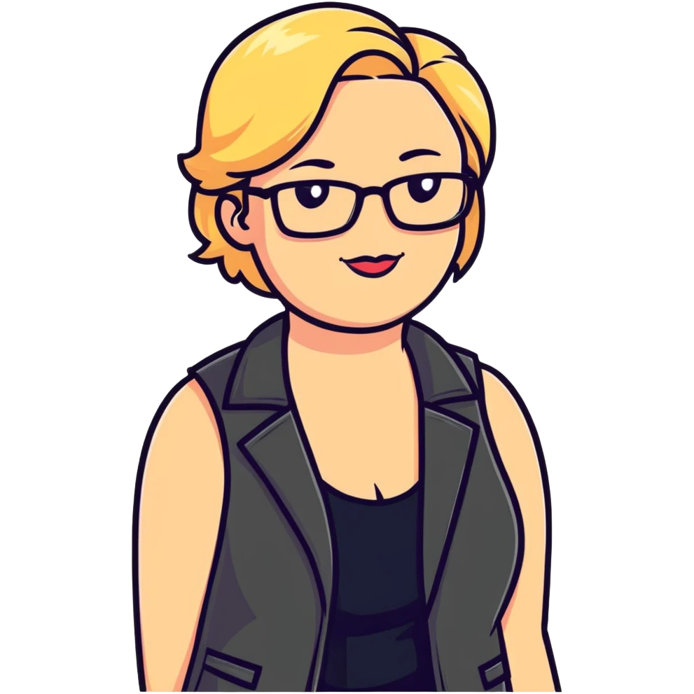 Plus size blonde person with glasses wearing a stylish vest emoji