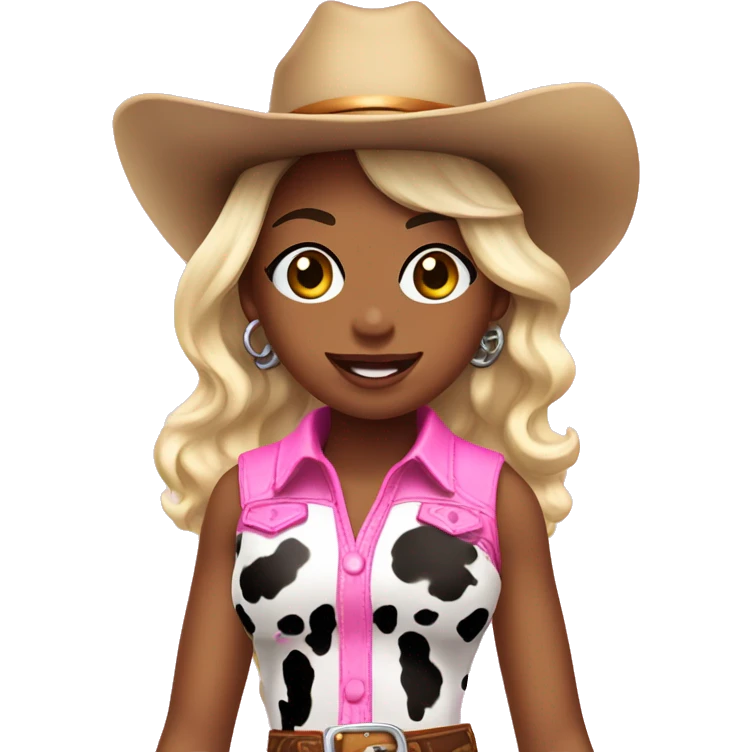 Cute cowgirl with shiny cow print outfit and pink cowgirl boots smiley face earrings and pink cowboy hat  emoji