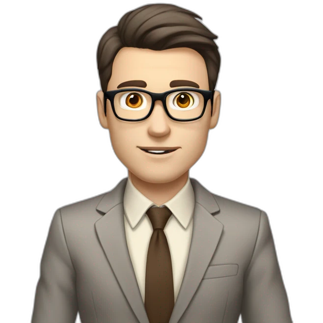 Pale skinned fit man with dark brown hair in gray jacket, beige office shirt, brown tie, brown pants and vintage glasses Writing text on the flipchart emoji