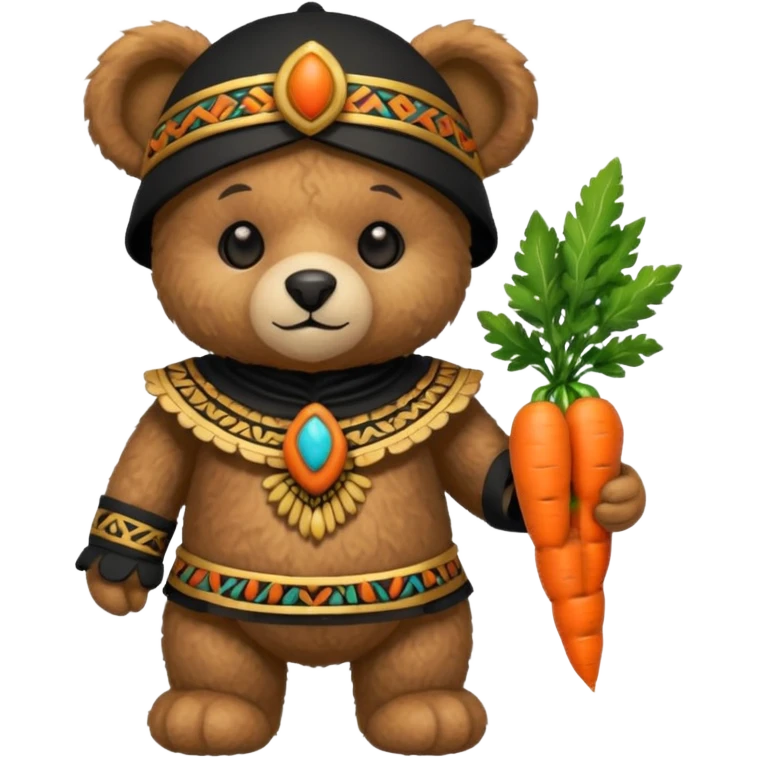 teddy bear, wearing black mayan ancient custome, with carrot half body emoji