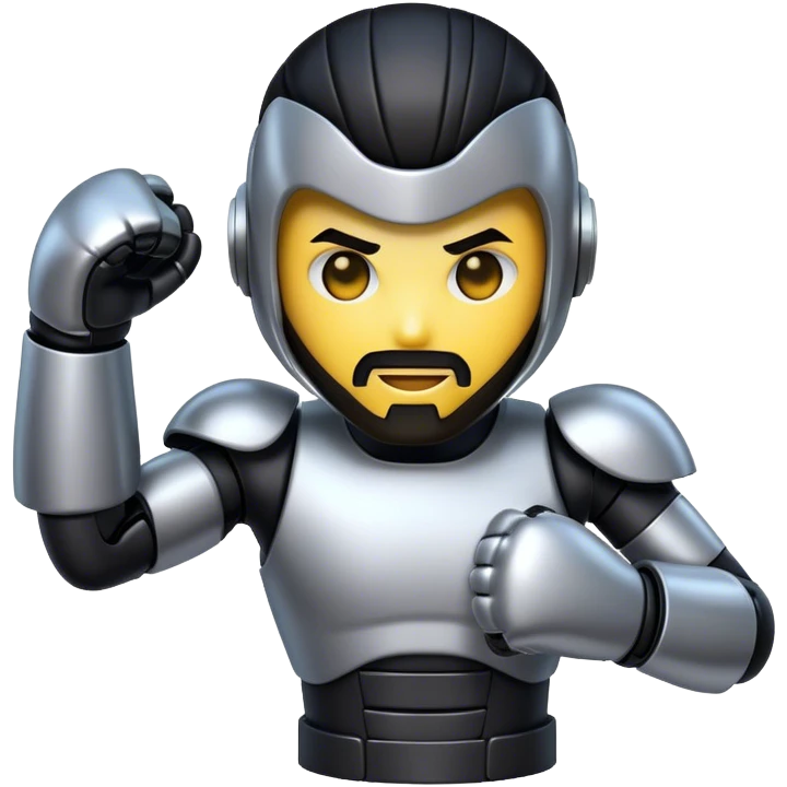 AI robotic fighter emoji, metallic face, punching glove, cyber glow, trimmed beard, medium-length black hair, short sides, hair forward. emoji