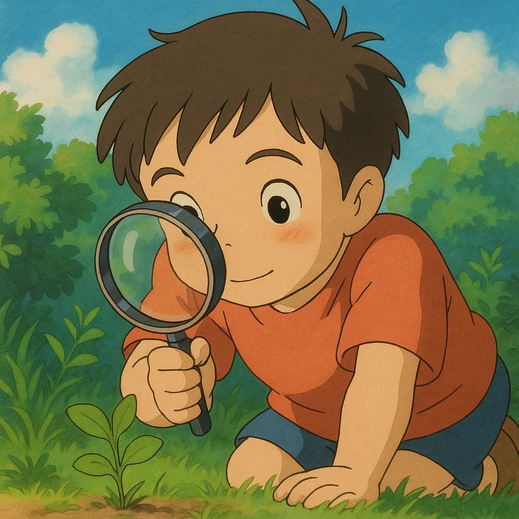 a child examining something with a magnifying glass, ghibli style emoji