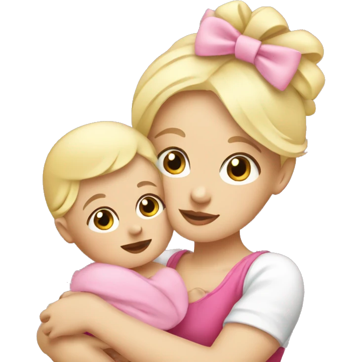 white blonde woman cuddling baby with big pink bow on her head emoji
