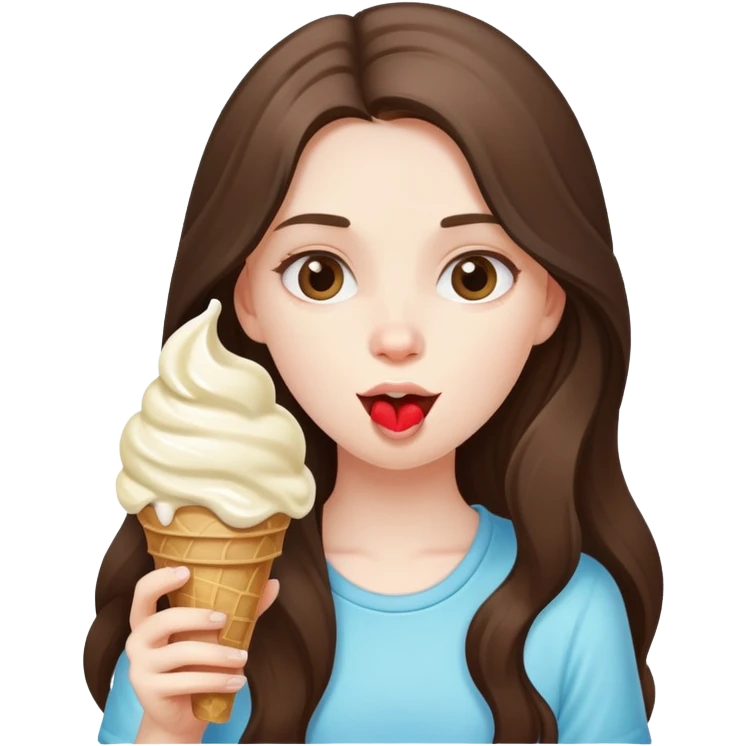 beautiful pale brunette girl with long hair eating ice cream emoji