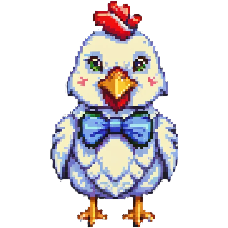 A pixel art chicken with a funny face wearing a bowtie emoji