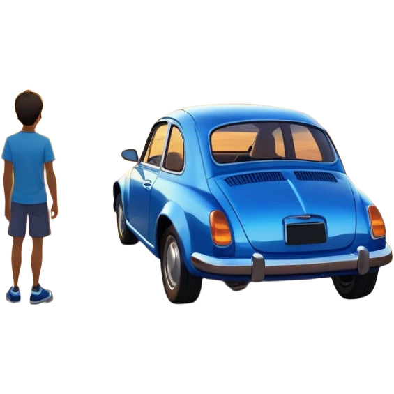 A parked blue car sits quietly on the side of an open road, facing a breathtaking sunset. Two people stand outside, backs turned, watching the horizon. The road stretches endlessly ahead, surrounded by a peaceful, glowing landscape full of light, warmth, and possibilit emoji