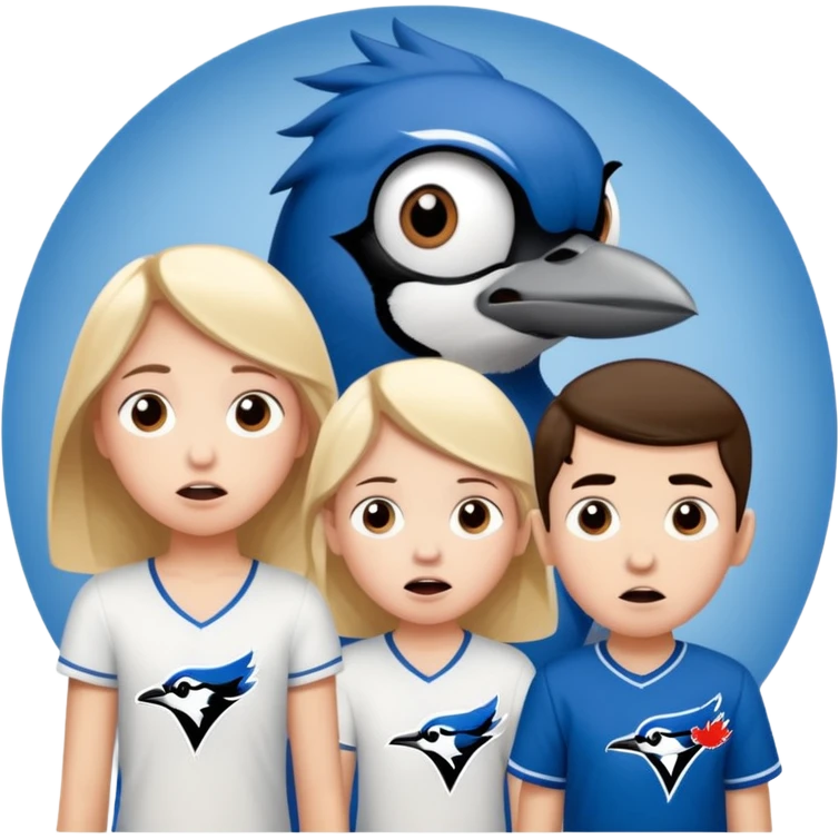 two terrified children, one tall gire and one little boy watching blue jays game emoji