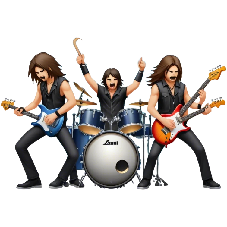 Icon for Heavy Metal Music: 4 men band on stage with electric guitars, drums and intense lighting. 4 Musicians headbanging, surrounded by energy and stage effects, capturing the power and intensity of a metal concert. Transparent background. emoji