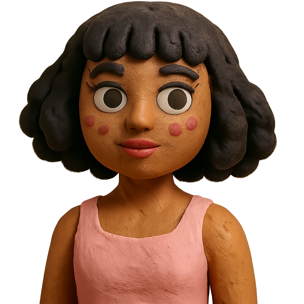 personagem de pele parda, cabelos cacheados pretos de comprimento médio com franja, olhos castanhos, maquiagem de boneca, vestido rosa claro emoji