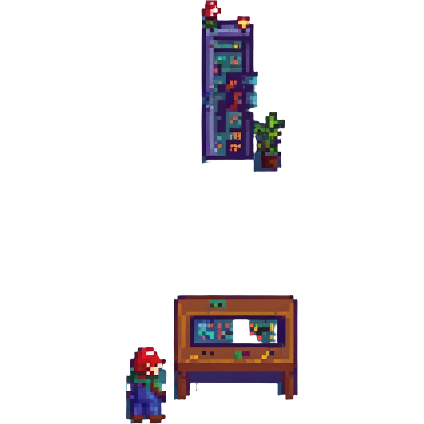 Mario Bros playing Tetris on a console, retro pixel art style emoji