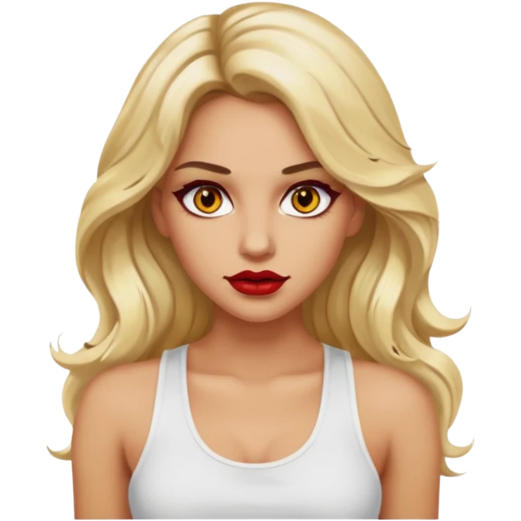 a woman with white tank top her hair is long wavy blonde hair, her face is baddie girl style, her eyes color are yellow and the color of her lip is red maroon emoji