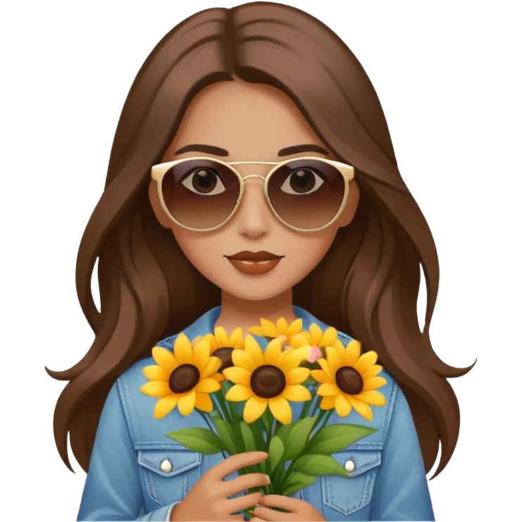 cool girl with long brown hair holding a bouquet of flowers, sunglasses, trendy emoji