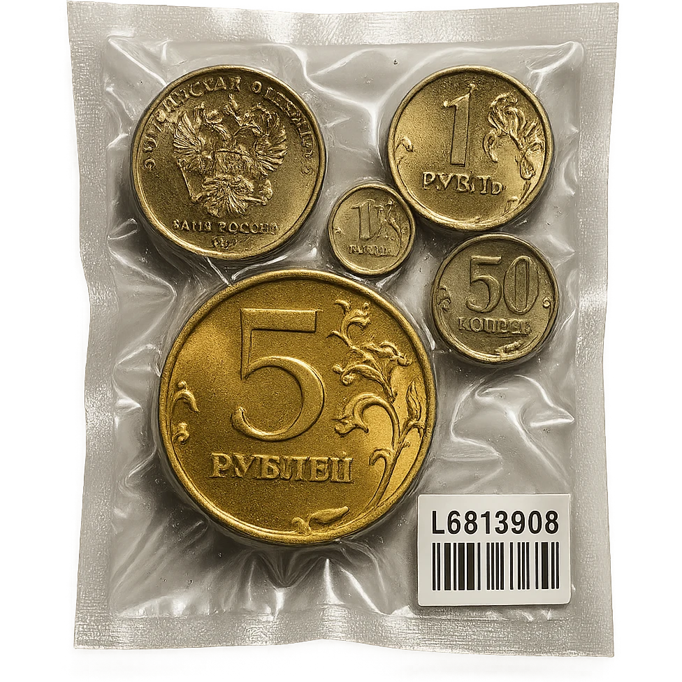 Russian coins, shiny and inflated, vacuum-sealed style emoji