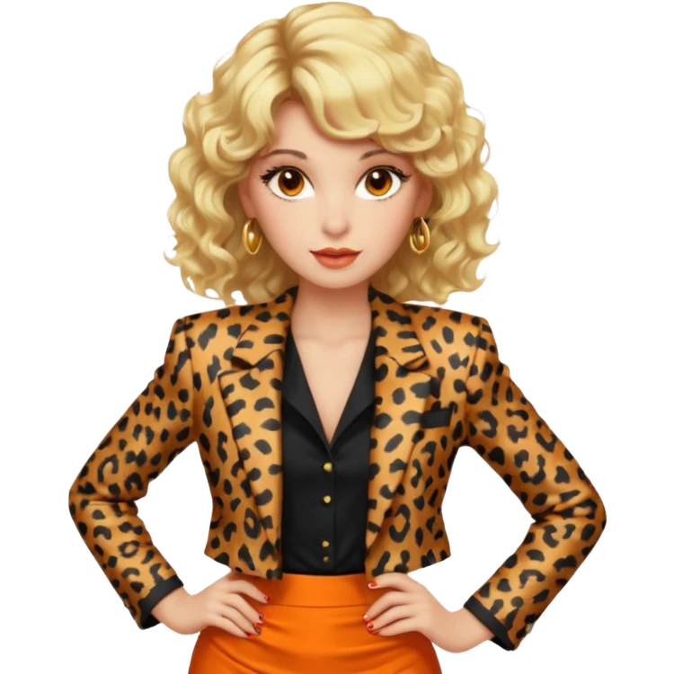 Blonde woman with an 80s-style hairstyle, with curls and bangs, animal print blazer, black top and orange skirt, all very 80s style, brown eyes, 80s makeup emoji