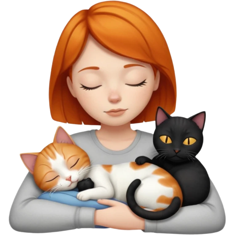 Ginger Girl short hair sleeping with two cats a black and a whole white bigger cat  emoji